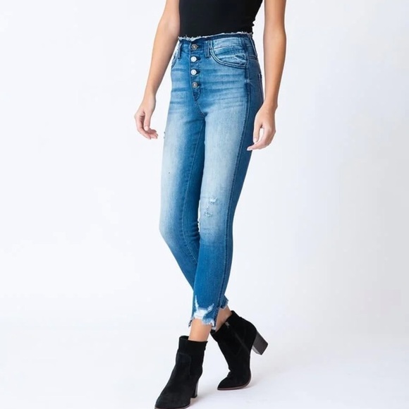 KanCan Bethany High Rise Ankle Skinny Jeans Size 26 Distressed Raw Hem Buttons - Picture 1 of 12